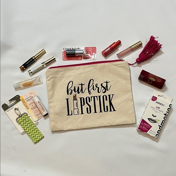 LipSense Other - 11 ITEMS- Mud Pie “But First Lipstick” Cosmetic Bag + 10 Lip & Beauty Items